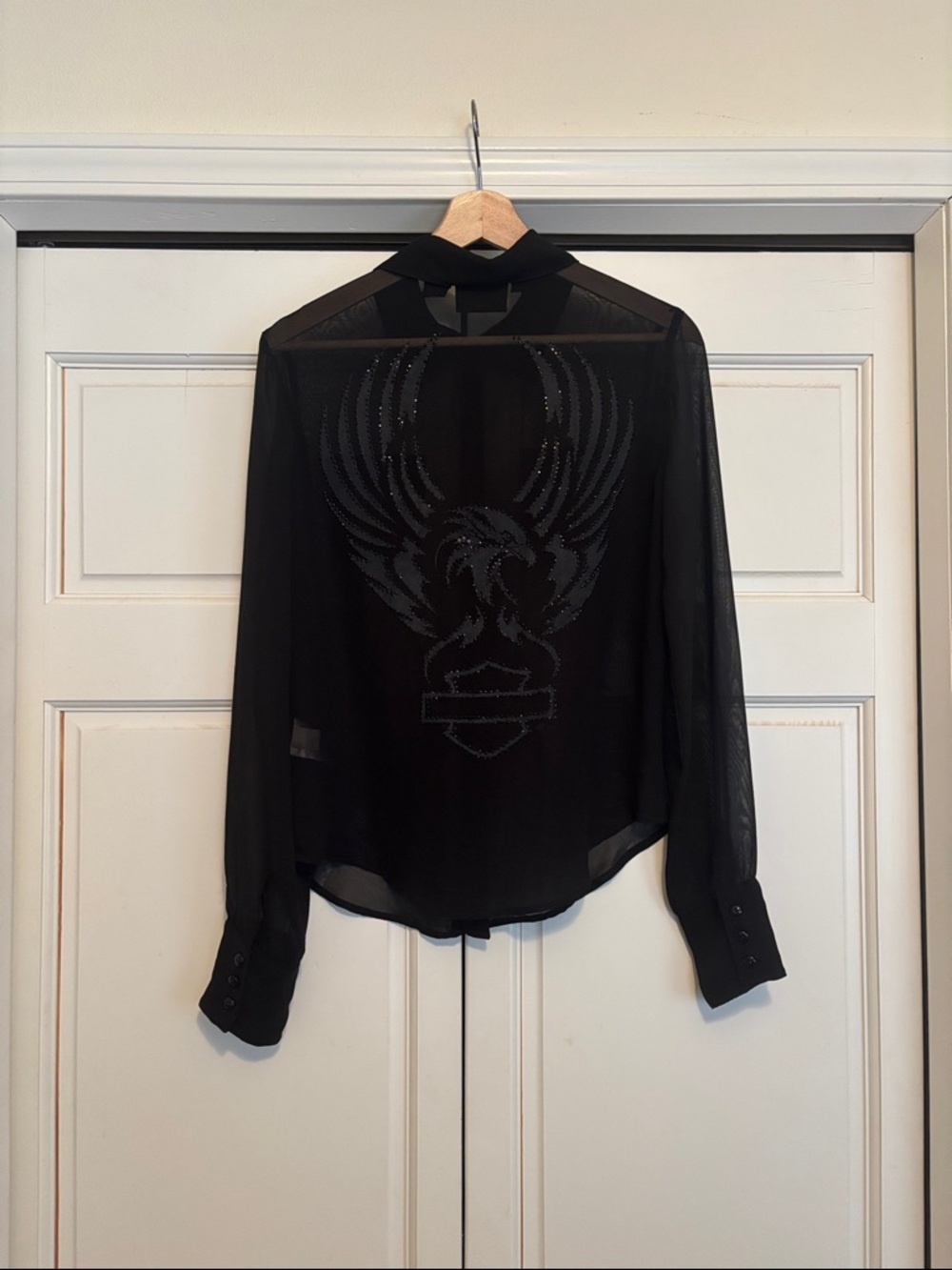 Harley-Davidson Black Button-Up Shirt with Gold & White Eagle Patch